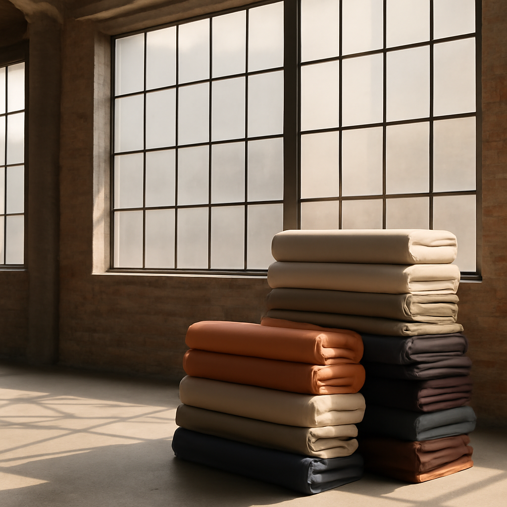 A 1970s New York garment-district loft interior, bolts of jersey fabric stacked against factory windows, afternoon light