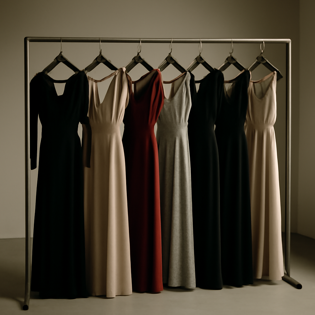 A long clothing rail of formal evening gowns in a hushed auction viewing room, numbered tags visible, soft overhead light