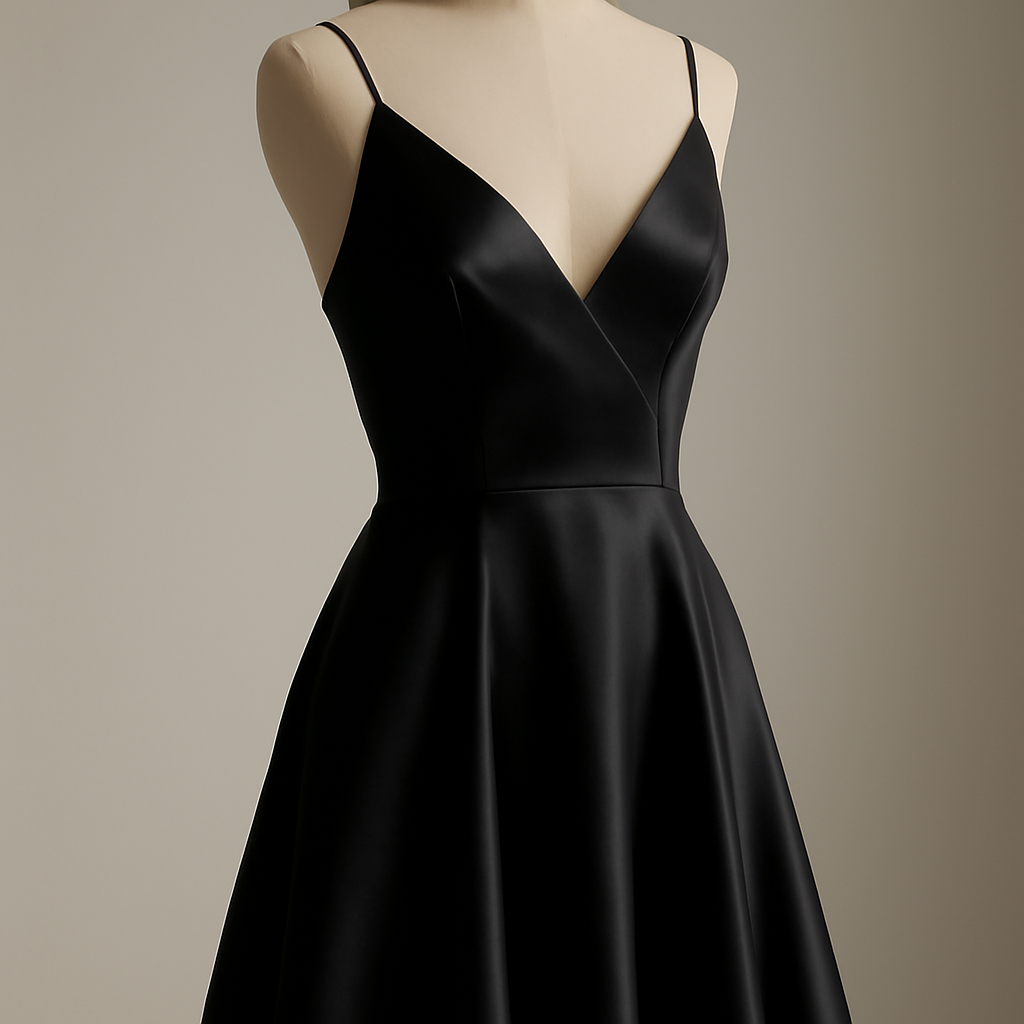A single black silk cocktail dress on a mannequin under gallery lighting, close detail of the fabric and cut
