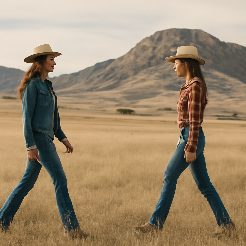 Wide establishing shot of the Diamond Cross Ranch, Wyoming — two women approaching each other across an open field in denim, plaid, and cowboy hats