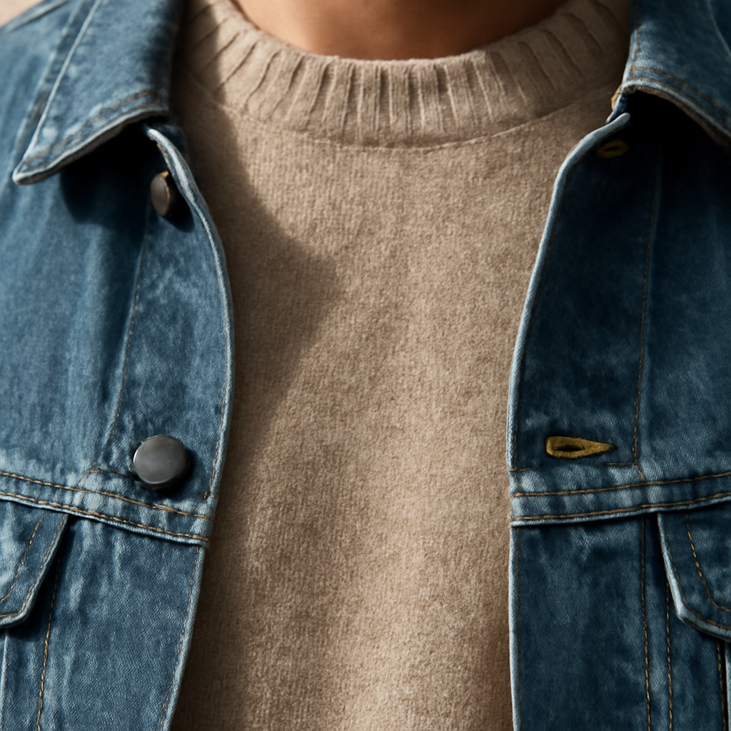 Close detail shot of a cashmere knit sweater worn under an open denim jacket, texture of both fabrics visible