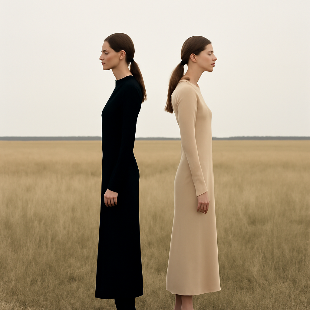 Final wide shot, the two sisters standing back to back or facing off in the field, matching silhouettes at a distance