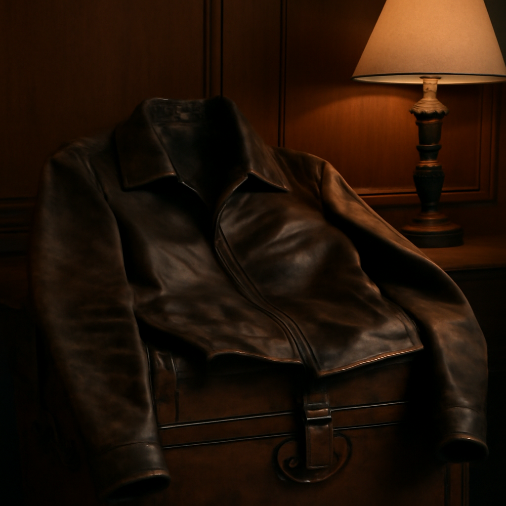 A worn leather trunk and a folded riding jacket staged in a dim, wood-paneled study, warm lamplight