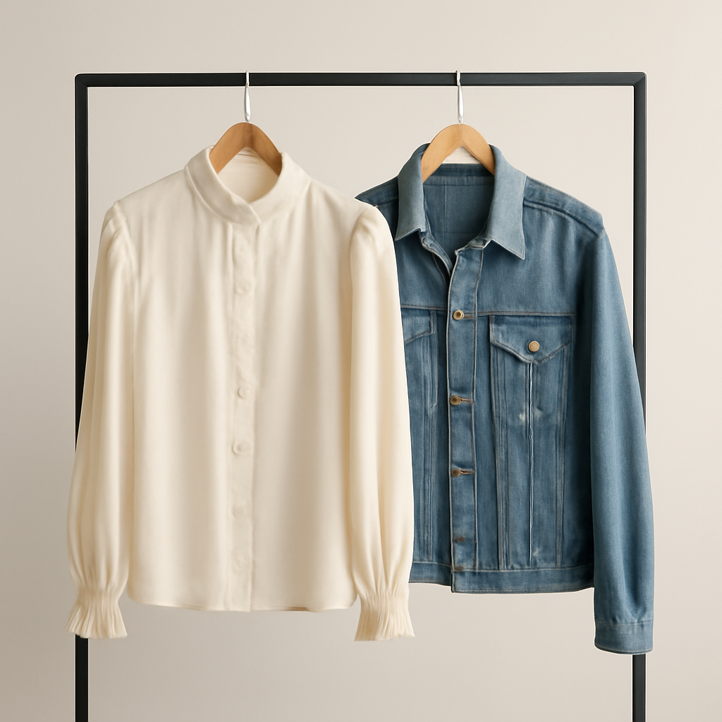 A single Edwardian-collared blouse hung beside a distressed denim jacket on a bare clothing rail, studio setting