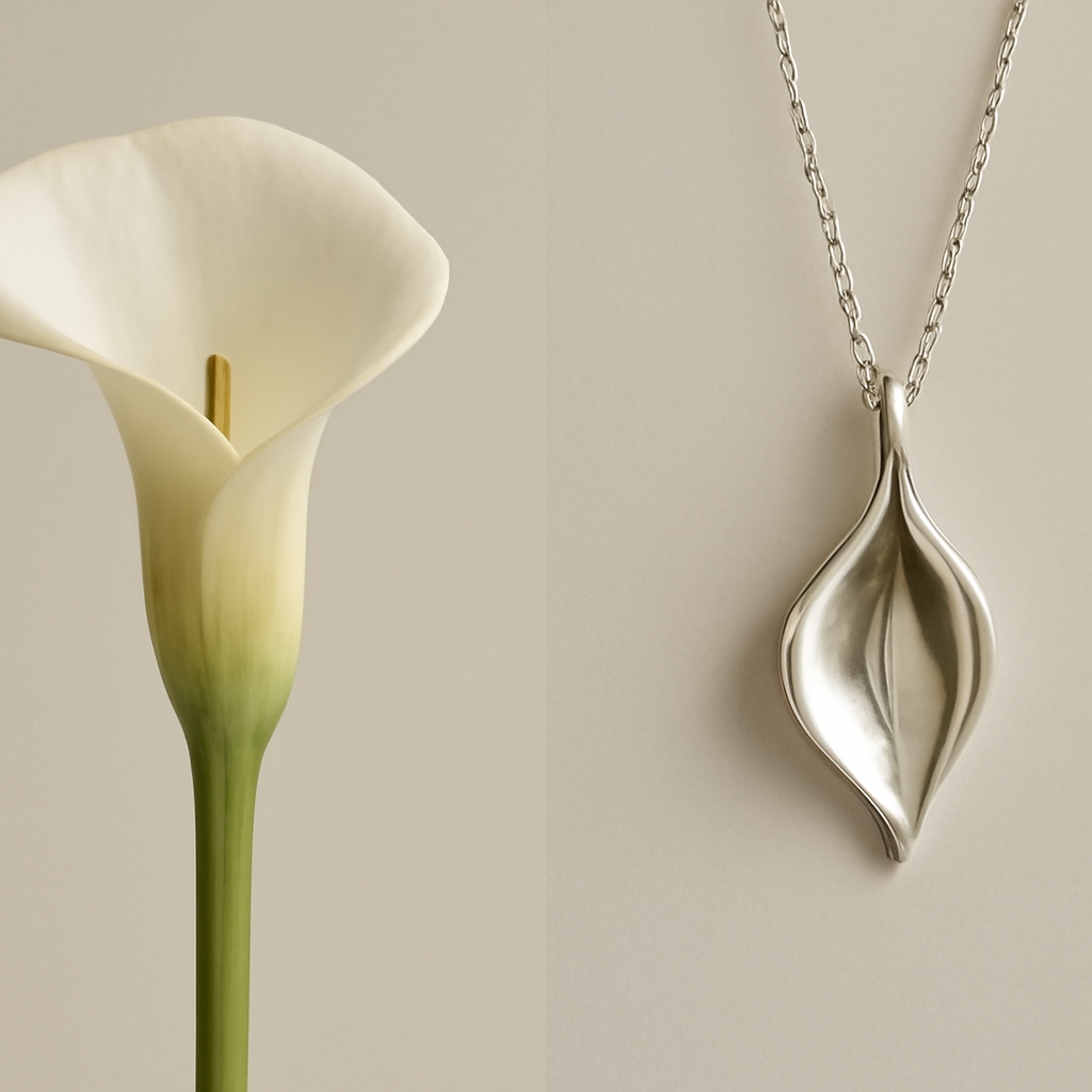 side-by-side still life of a real calla lily beside its silver pendant counterpart, both photographed at the same angle and distance, no text overlay