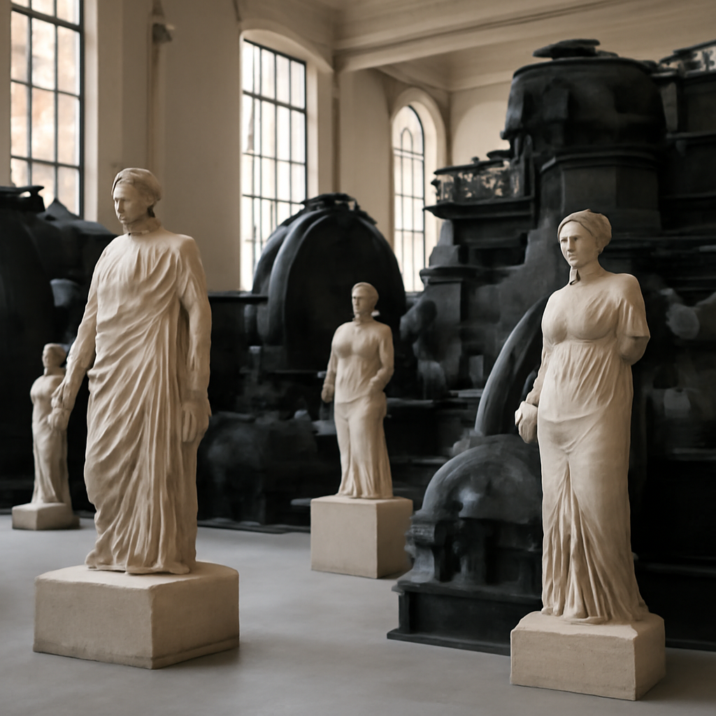 Wide shot of the Engine Room at Centrale Montemartini, Roman marble statuary arranged among preserved industrial turbines and machinery
