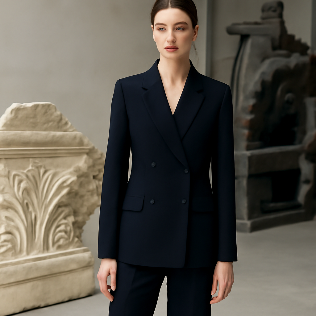 A model in Valentino tailoring photographed beside a fragment of a marble temple pediment, industrial machinery visible in the background