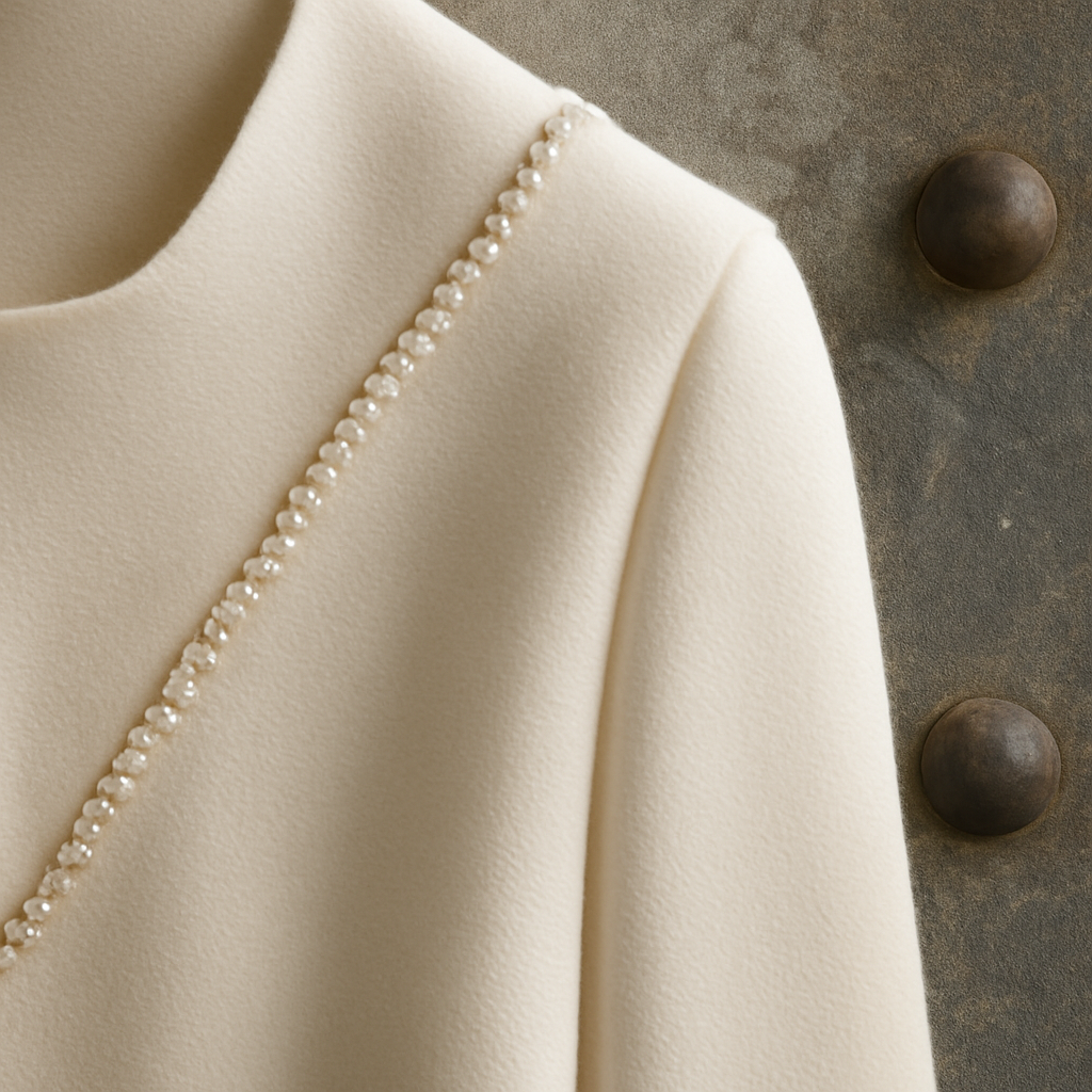 Close detail of a garment's fabric or embellishment set directly against worn marble or riveted steel