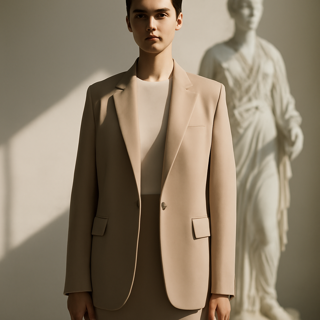 A single model standing still in the shadow of the steam boiler, statue visible in soft focus behind