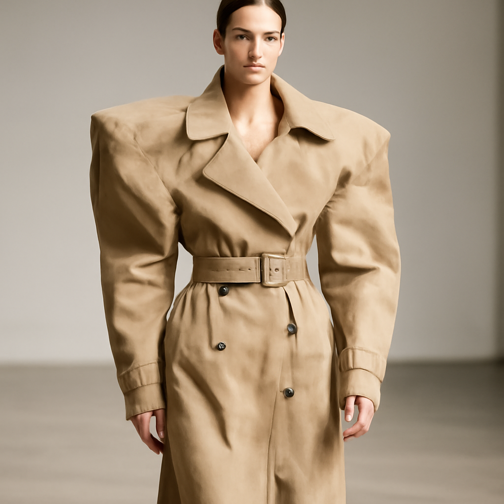 A model on a runway wearing an oversized, asymmetrically distorted trench coat in stiff canvas, shoulder line pushed out of true