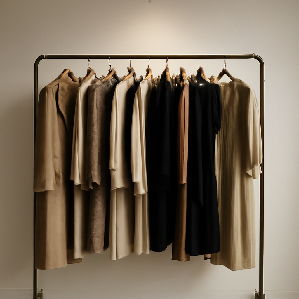 an archival garment rack under gallery lighting, mixed eras of clothing hung close together, a small paper auction tag pinned to one sleeve