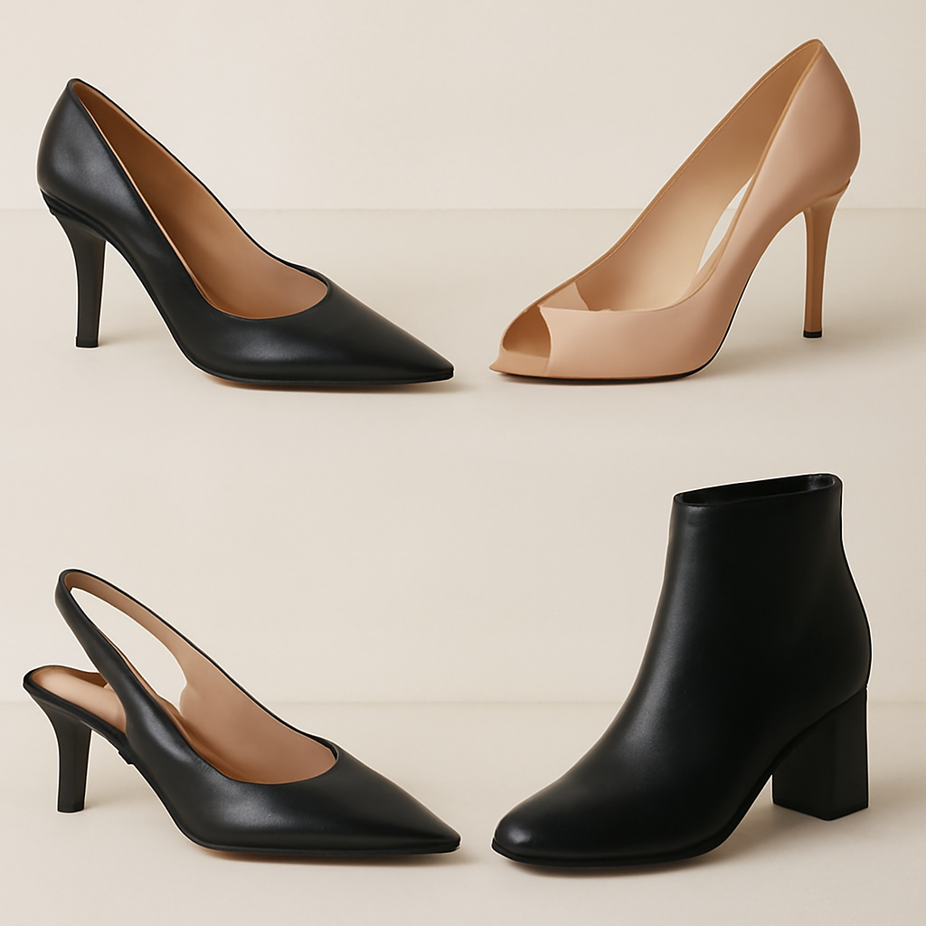 a photographic spread from a designer retrospective book, several shoe silhouettes from different years arranged together on a page