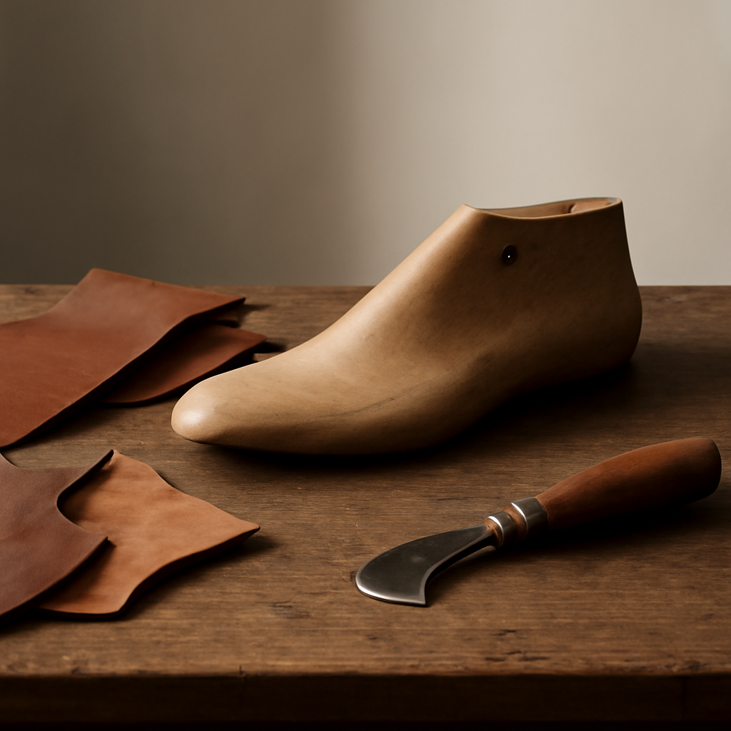 a workshop-style still life of a shoe last, leather offcuts, and a cutting tool arranged on a workbench