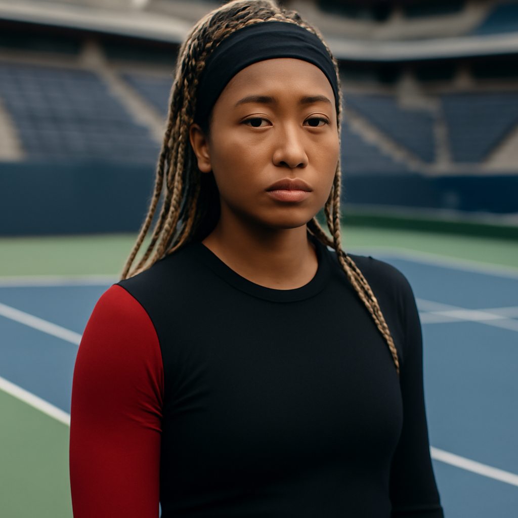 Naomi Osaka on court at Arthur Ashe Stadium, braided hair with headband, mismatched black and red sleeves visible