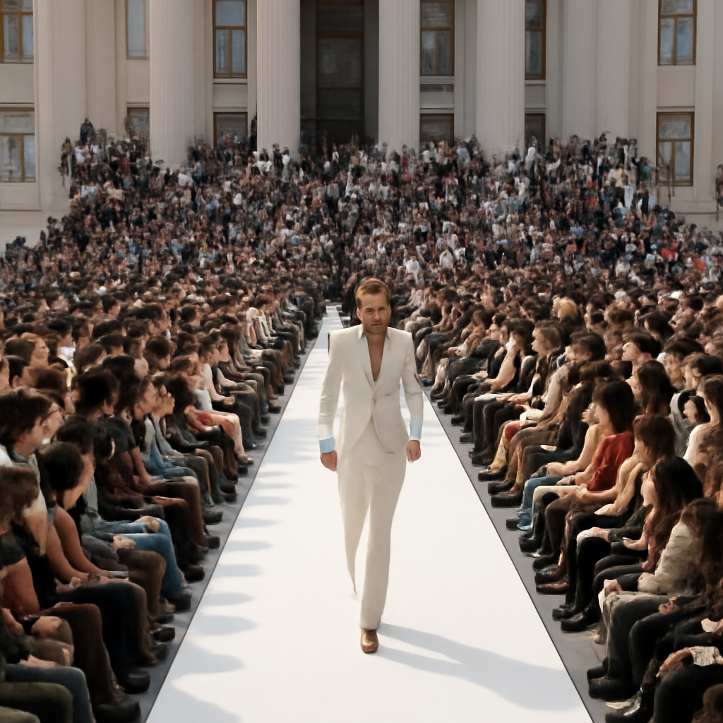 a diverse crowd of over a thousand people gathered on a public plaza in front of a government building, watching a runway show, some standing on steps and ledges to see