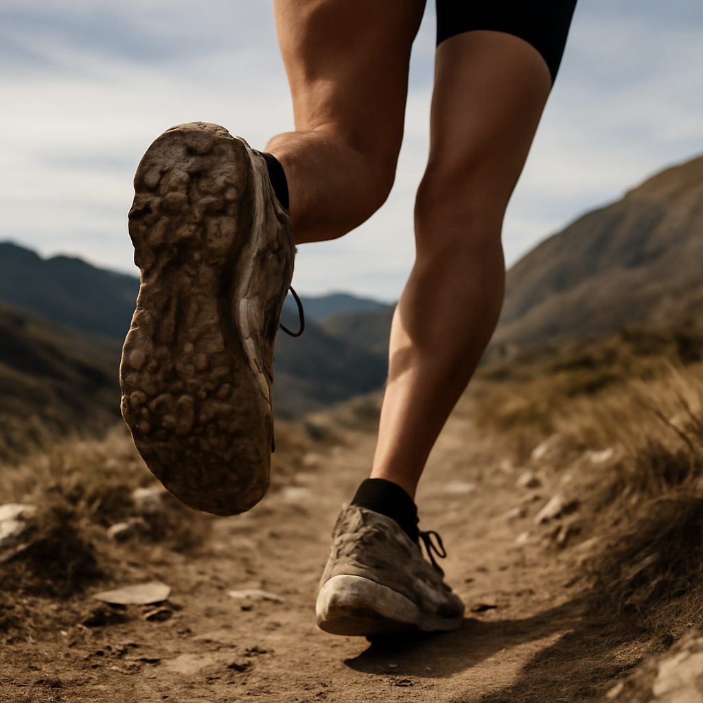 a runner's feet mid-stride on a mountain trail, shoes visibly worn and mud-flecked