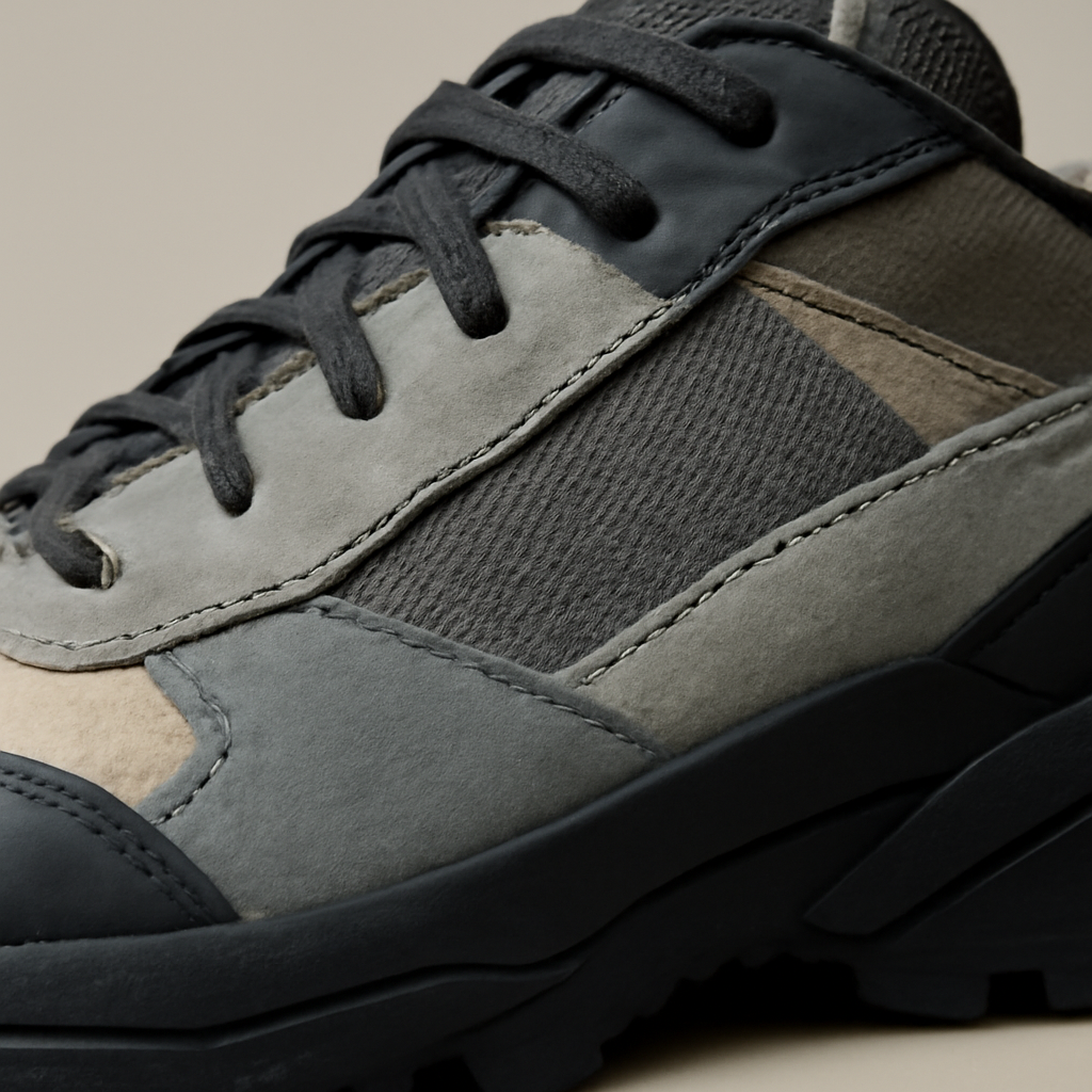 close-up detail of a technical shoe's mismatched panel construction and rock-plate seam