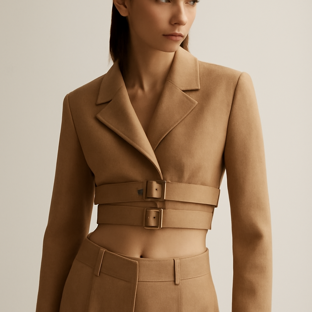 A raised, doubled belt worn high across a cropped jacket, desert-toned fabric, studio setting