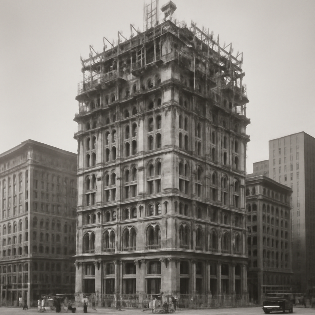 A black-and-white archival-style photograph of an ornate Beaux-Arts building under construction, early twentieth century Manhattan streetscape