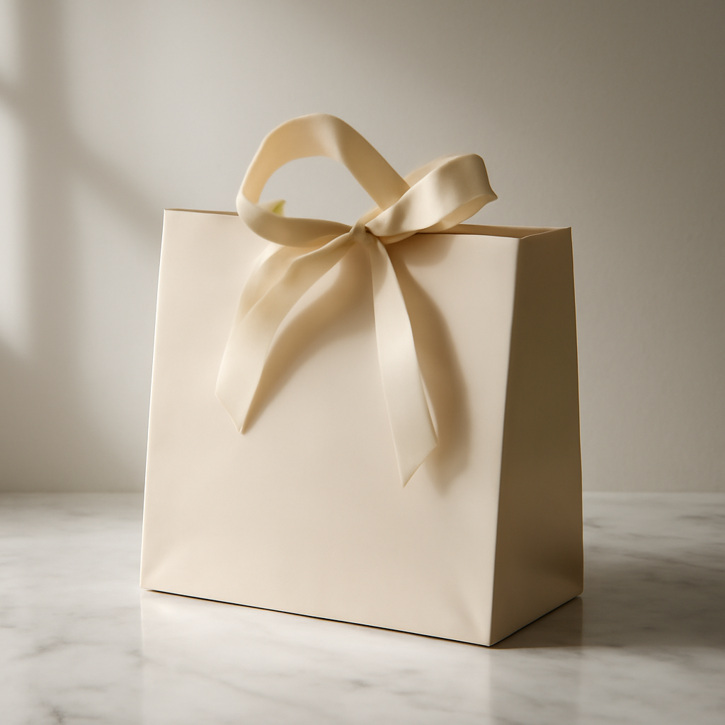 A single, carefully wrapped shopping bag with ribbon handles set on a marble counter, soft window light