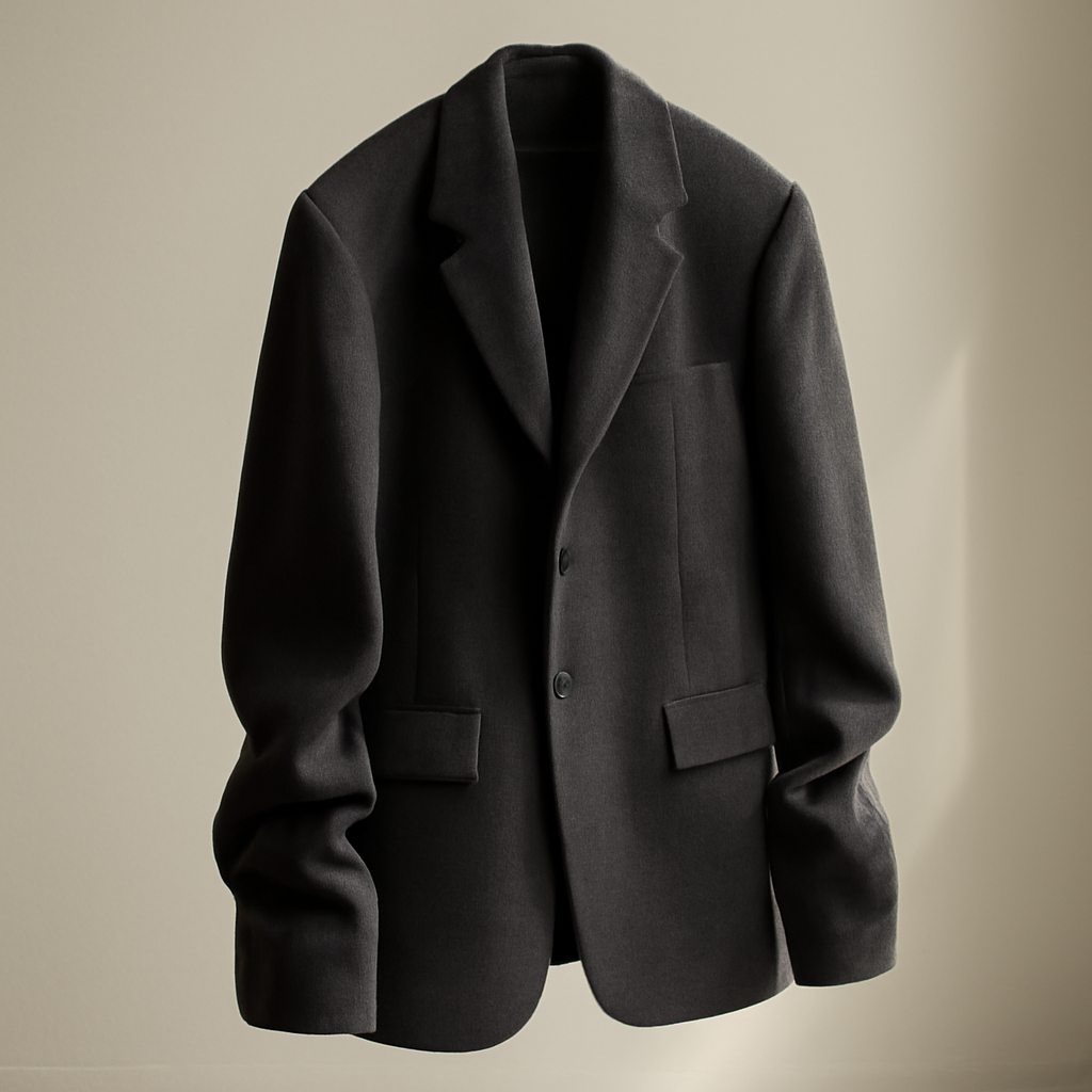 An oversized wool suit jacket on a wire hanger, sleeves pooling well past where hands would sit, natural window light
