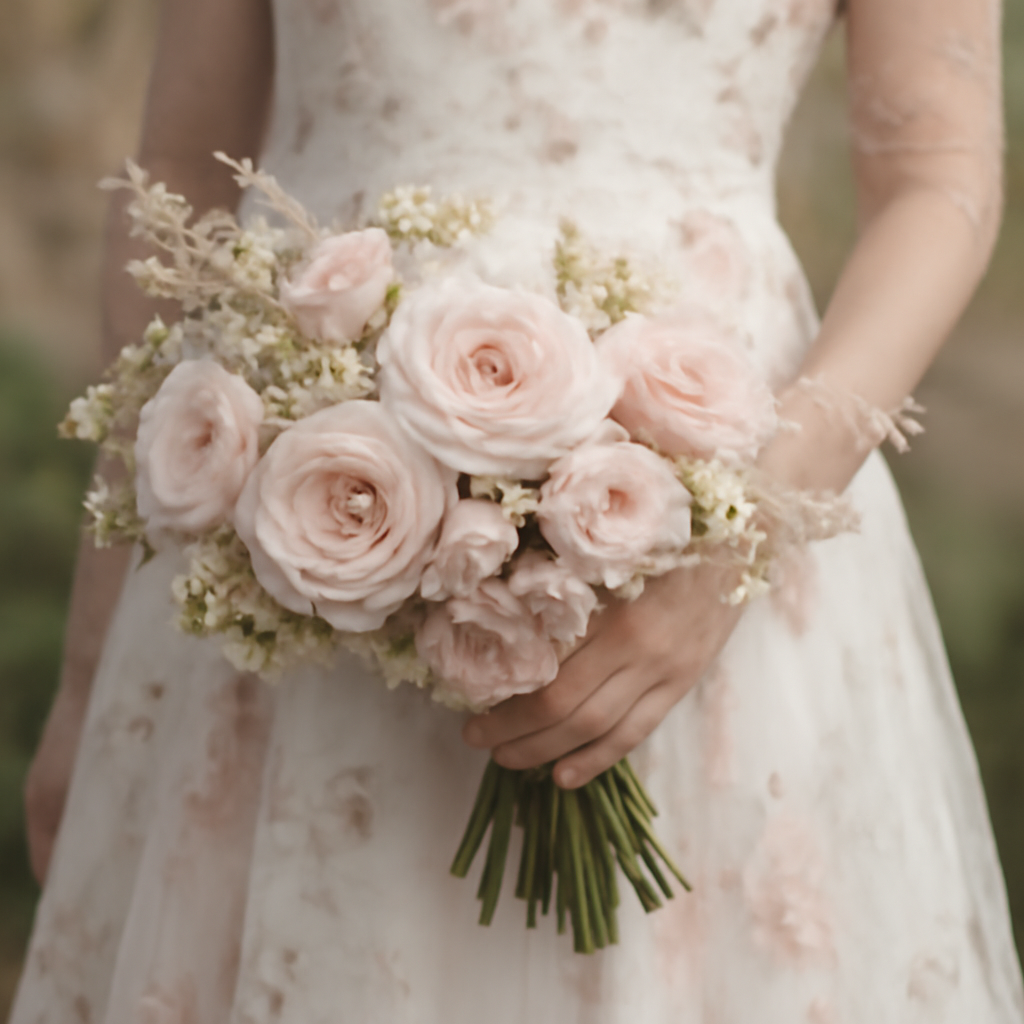 a bridal bouquet in soft blush-pink tones held against a hand-painted floral wedding gown, matching color palette, outdoor natural light