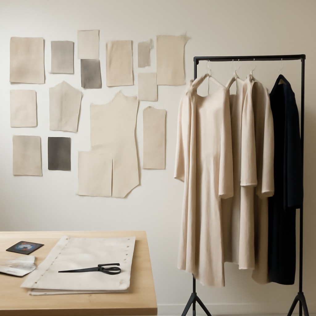 A designer's East London studio interior, fabric swatches and pattern pieces pinned to a wall, work-in-progress garments on a rail