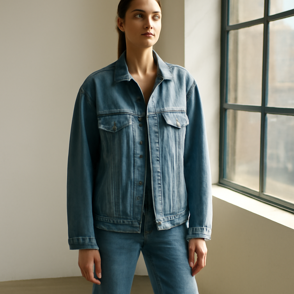 A woman in an oversized faded blue denim jacket over straight-leg jeans, standing near a sunlit loft window