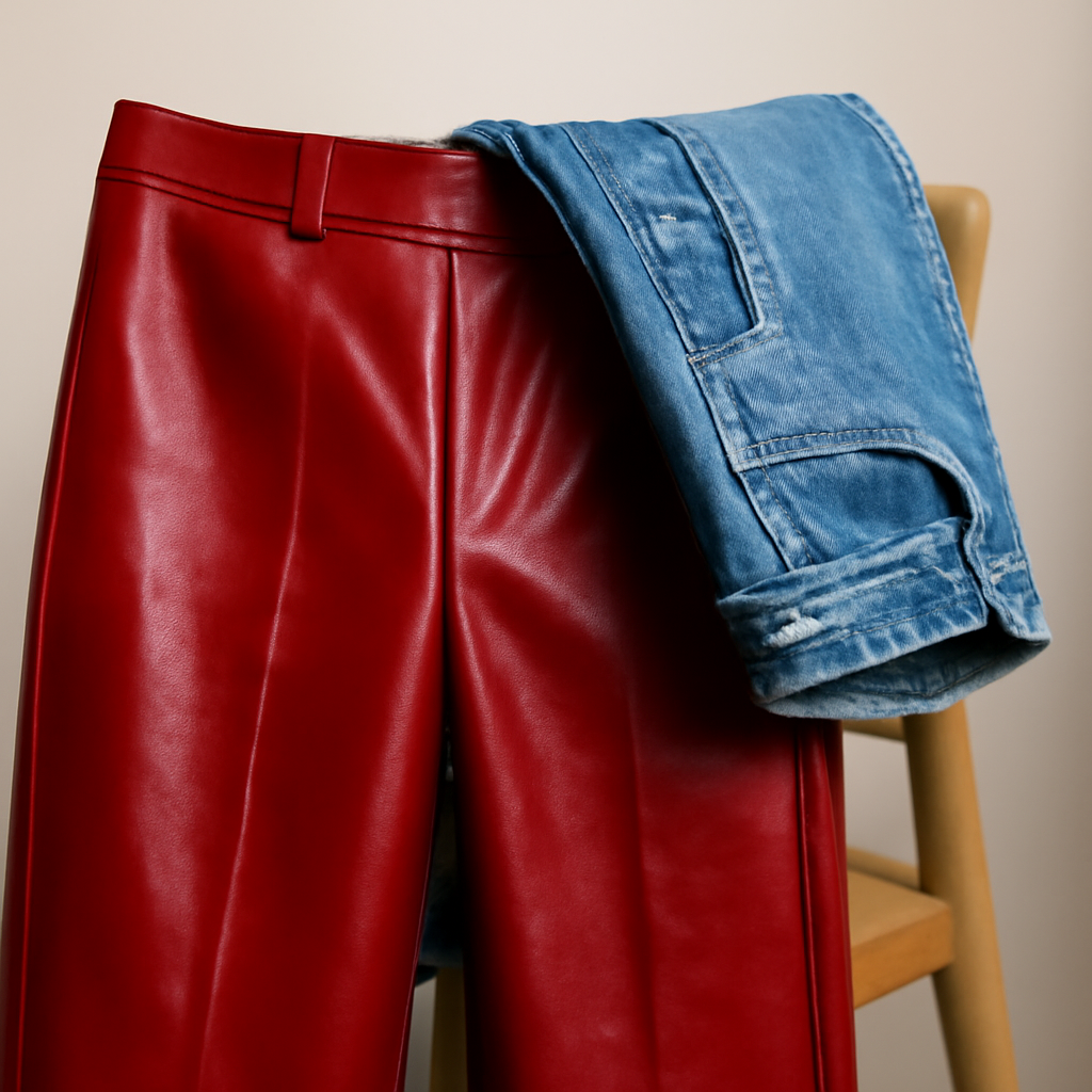 Close detail of glossy red leather trousers beside a pair of faded blue jeans draped over a wooden chair