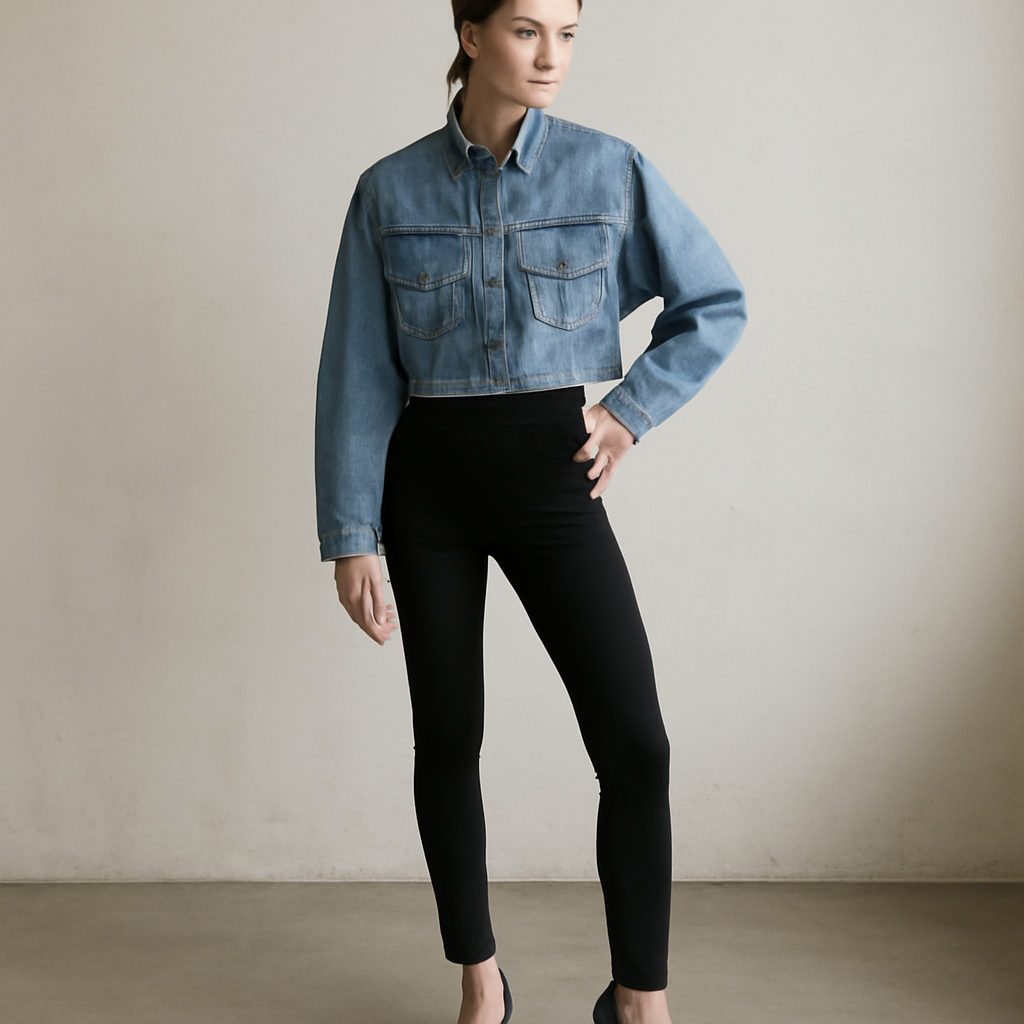 A boxy cropped denim jacket paired with slim heels, styled against a bare loft wall