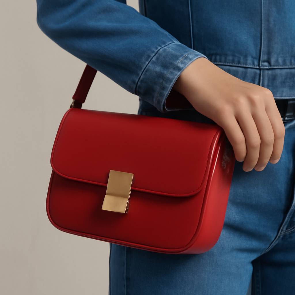A compact red leather shoulder bag held against a denim-clad hip, cropped composition