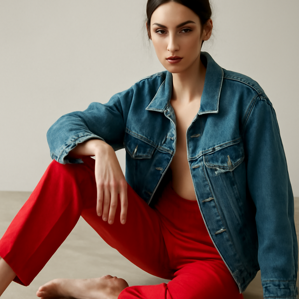 Mathilda Gvarliani seated on the loft floor, red trousers, a denim jacket draped loosely over her shoulders