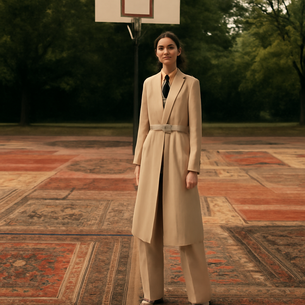 an outdoor basketball court entirely covered in layered antique carpets of varying patterns, park trees visible at the edges
