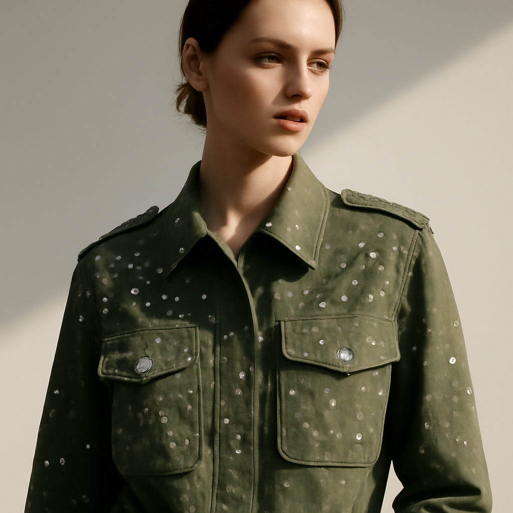 a military-style jacket embellished with hand-sewn crystals catching the light
