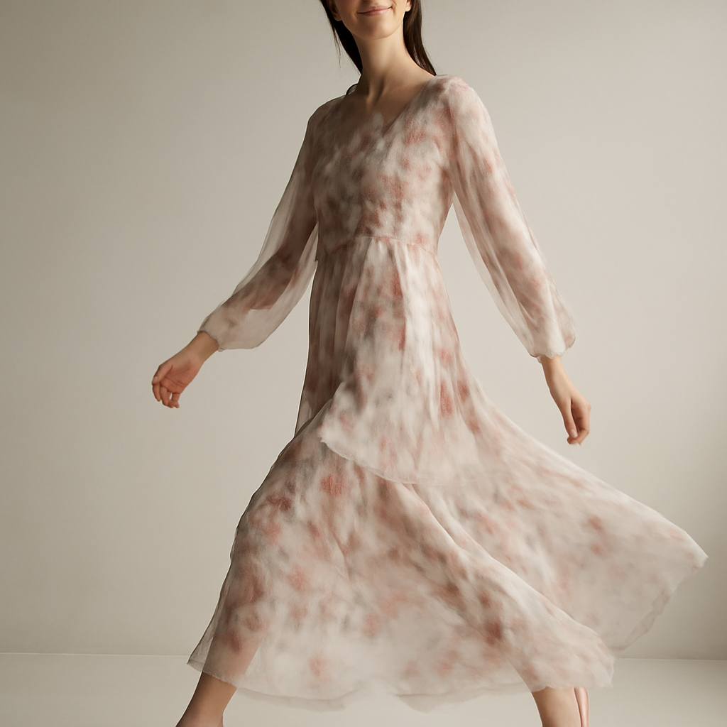 a sheer floral chiffon dress, layered and slightly transparent, moving with the model's stride
