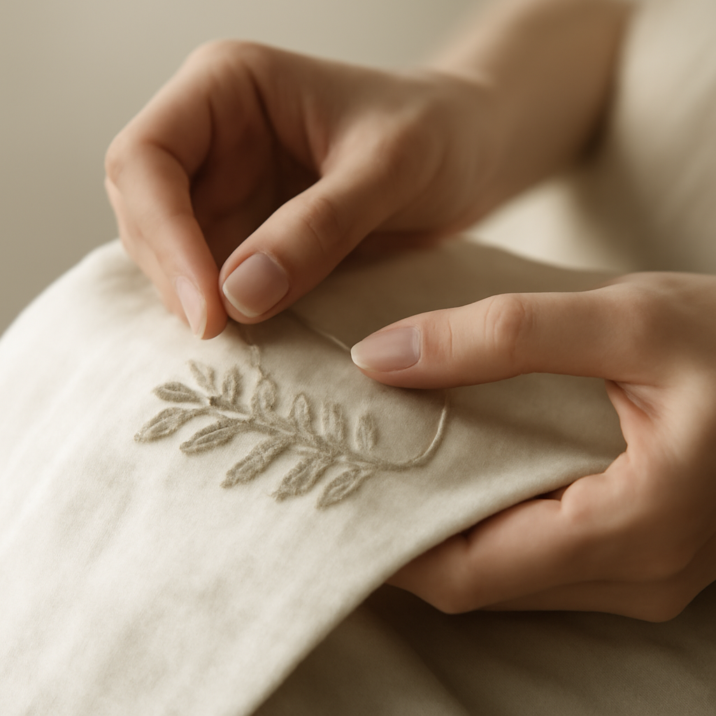 close detail of hand embroidery on fabric, thread and needle work visible