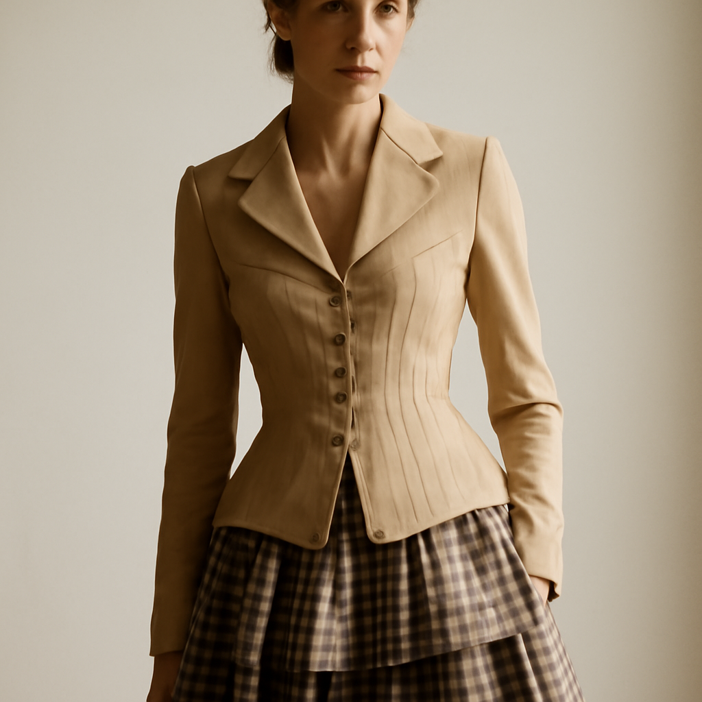 a corseted jacket with visible lacing paired with a checkered, multilayered skirt