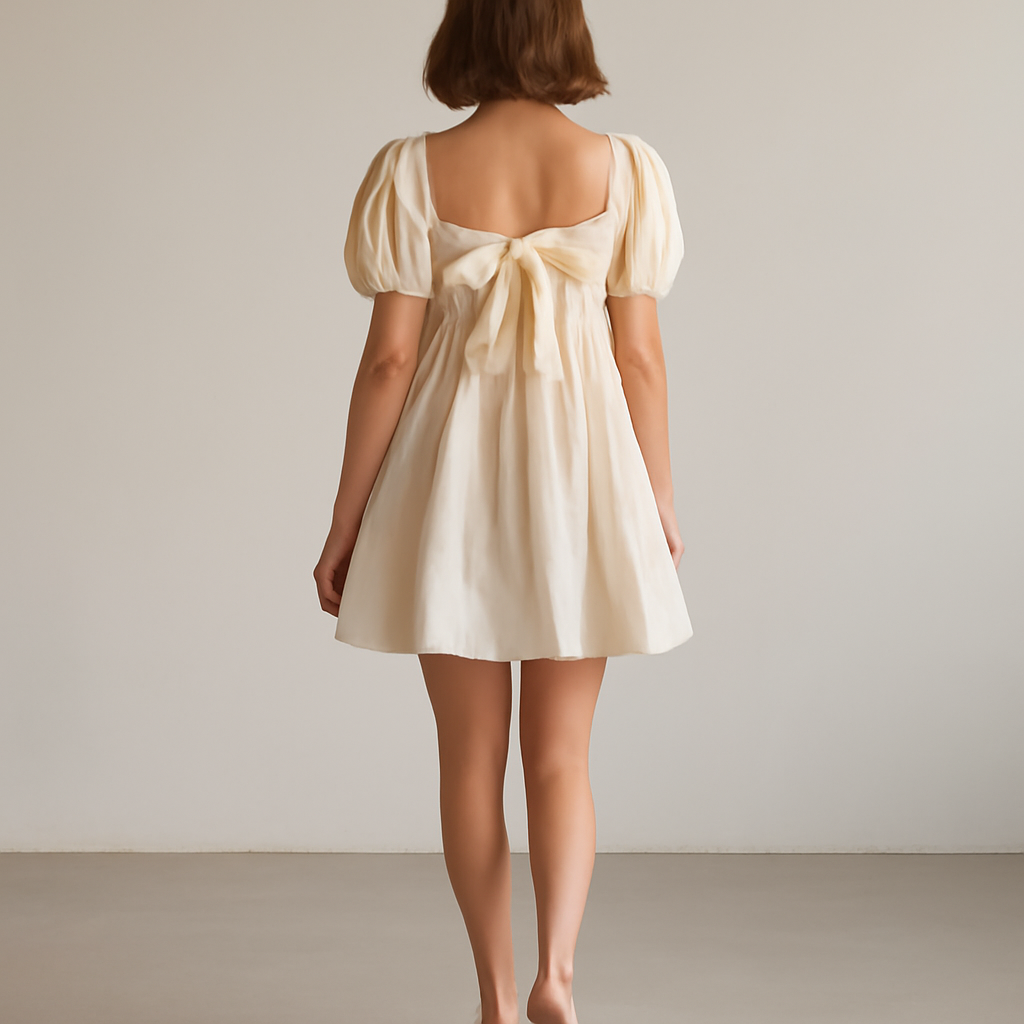 a short baby-doll dress finished with a bow, seen from behind as the model walks away from camera