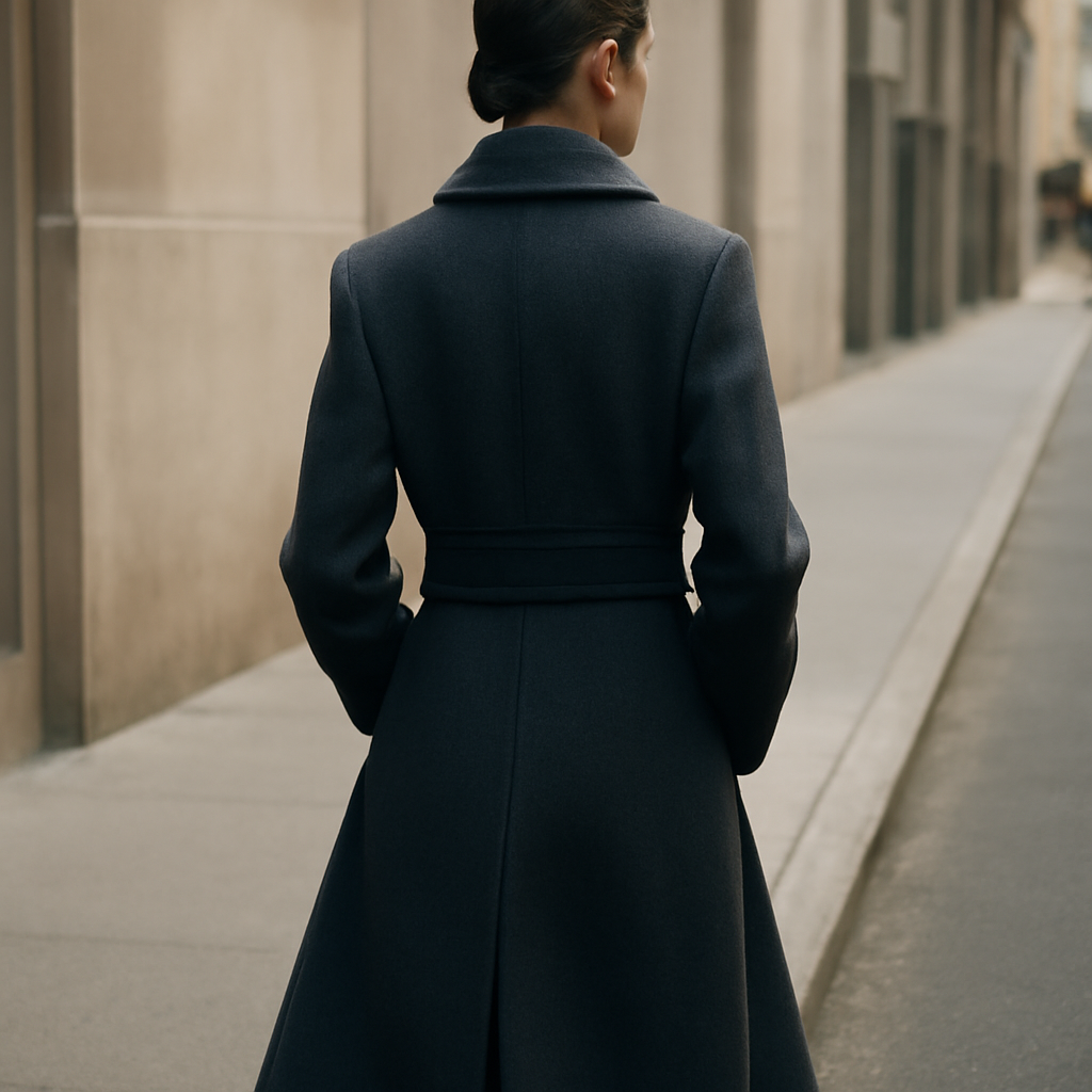 a woman's silhouette from behind, wearing a structured coat, walking away from camera on a city street