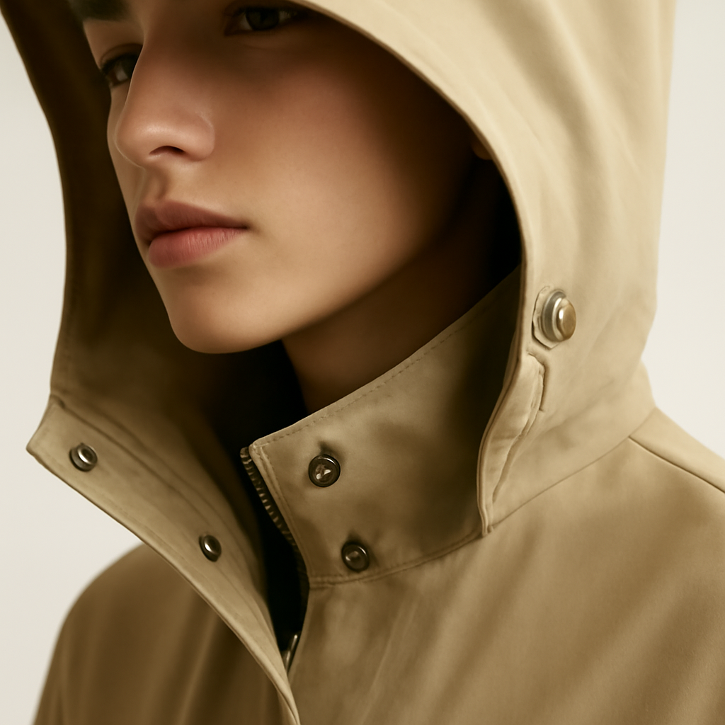 a close detail shot of a Ventile cotton jacket with a detachable hood, hood partially unclipped, showing the hardware