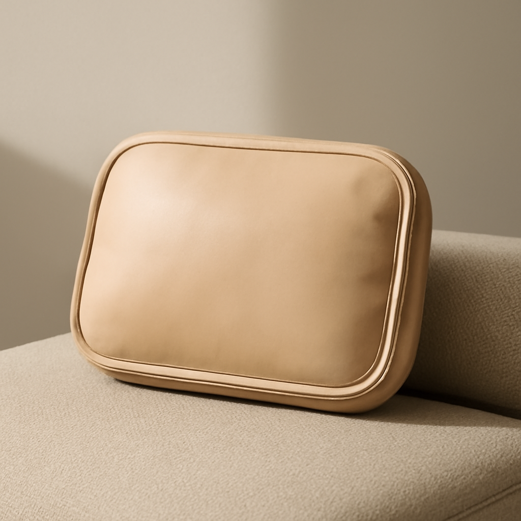 a sofa-cushion-shaped clutch bag with visible false piping seam, resting on an actual upholstered cushion, natural light