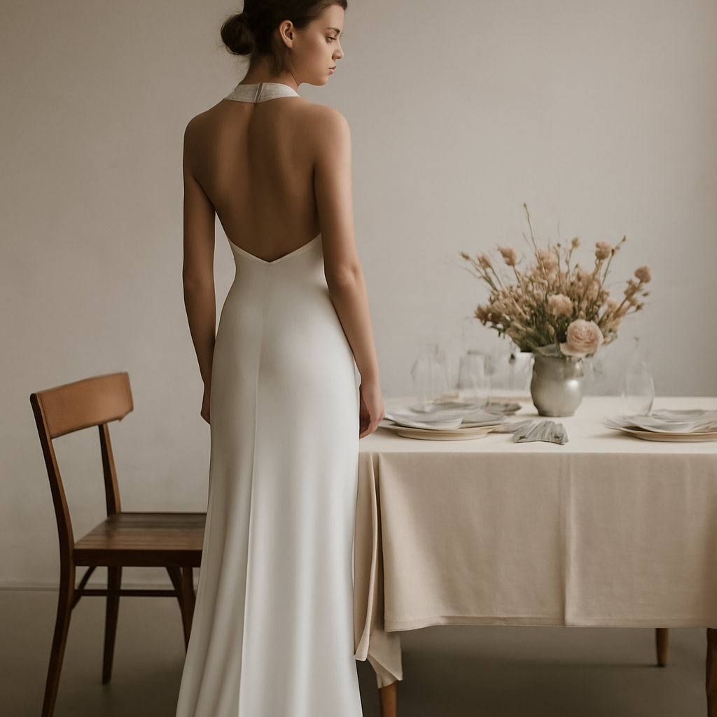 a backless gown styled beside a table setting, referencing a dinner-party installation aesthetic, muted daylight
