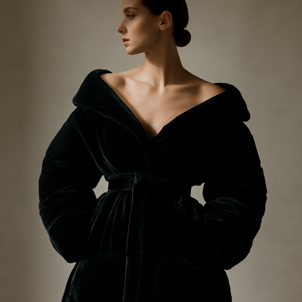 a velvet puffer coat cinched tightly at the waist over bare shoulders, worn as a complete look, dramatic side lighting