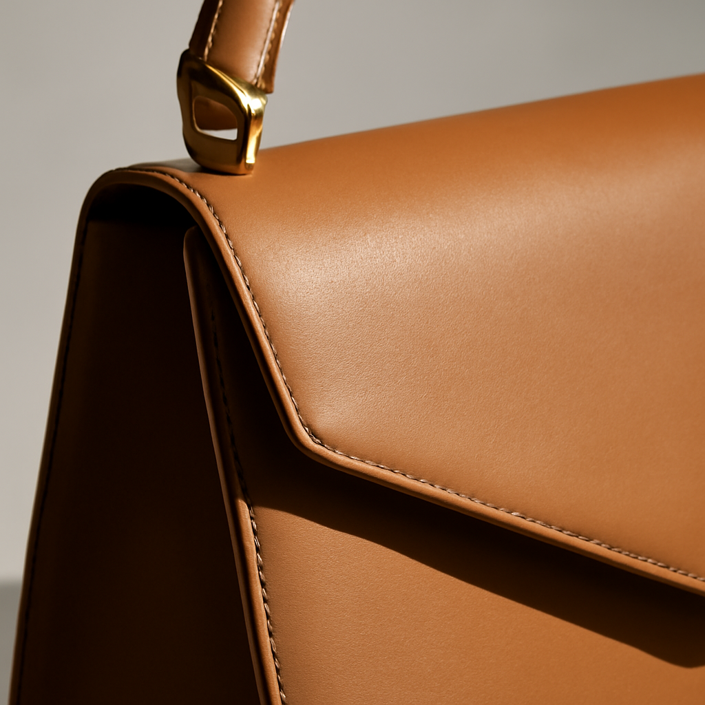 A close detail shot of a leather handbag's hinged handle and folded flap closure, raking side light showing the seam