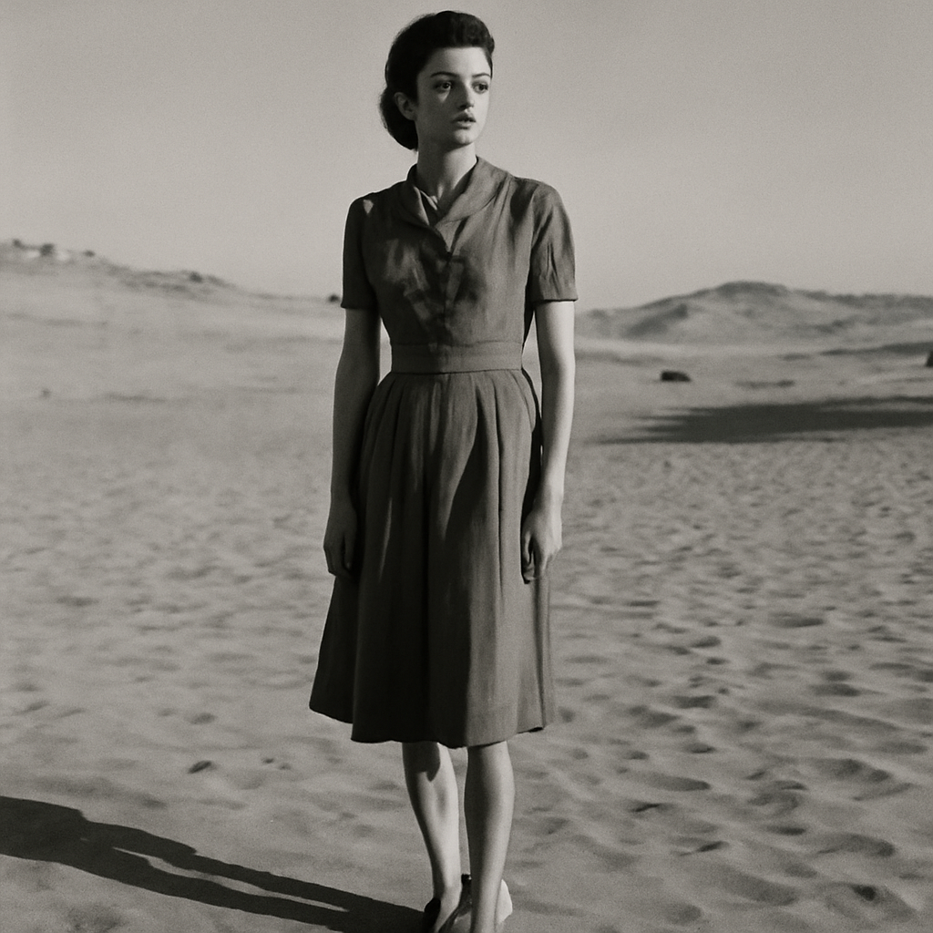 black-and-white archival-style photograph of a young woman standing in a desert landscape near Alexandria, Egypt, 1940s dress, strong sunlight and long shadows