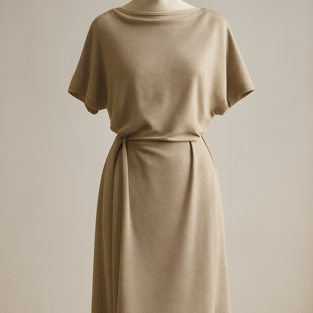 a single wool jersey dress in warm sand color, draped loosely on a mannequin, minimal styling, soft studio light