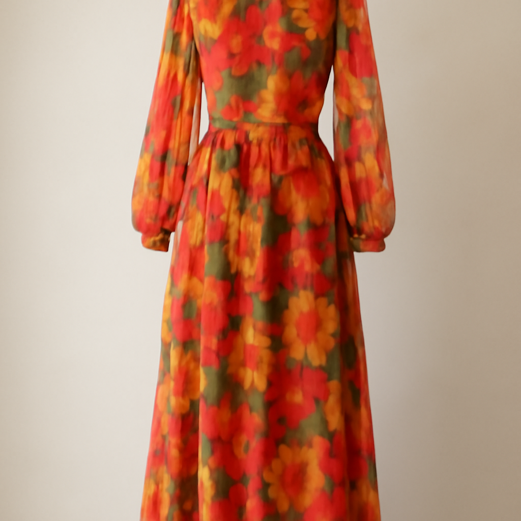 an archival 1960s chiffon dress with a bold floral print, styled on a mannequin against a plain backdrop