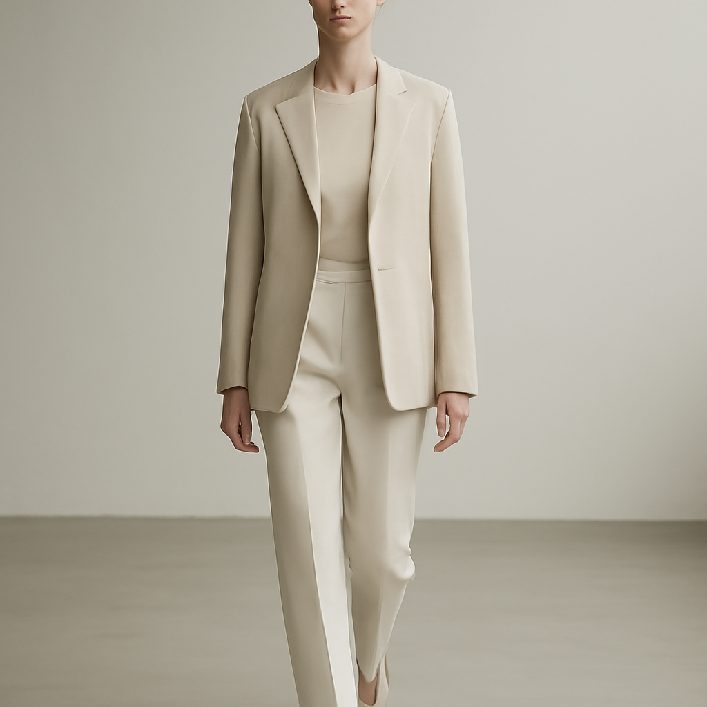 a minimalist ready-to-wear look in a clean, neutral silhouette on a runway, later-era styling