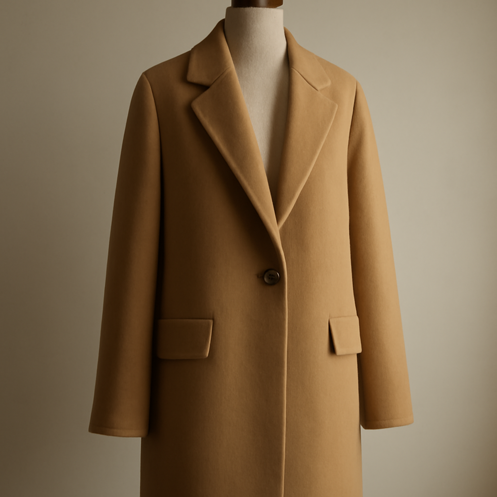 a warm sand-colored coat on a mannequin in soft, quiet studio light, no other props