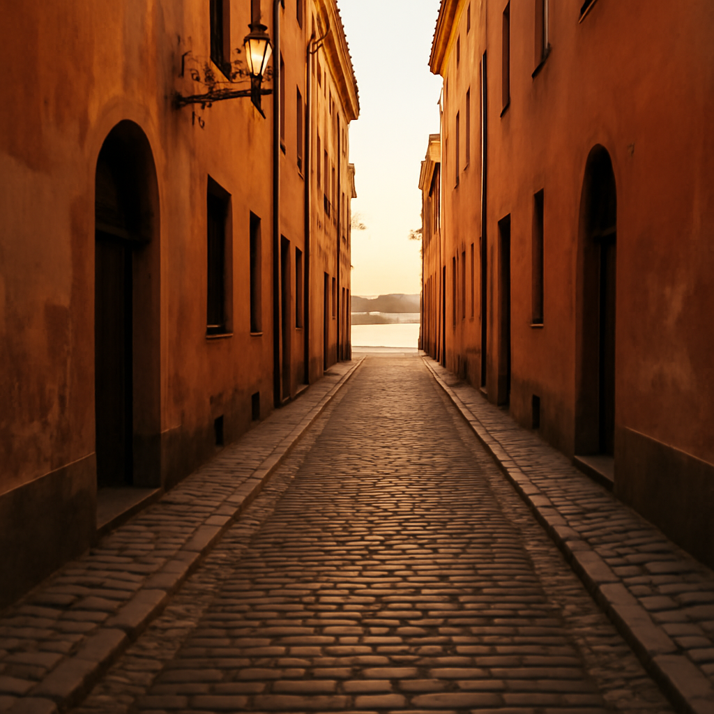 a narrow cobblestone street in an old port city, warm evening light, no people
